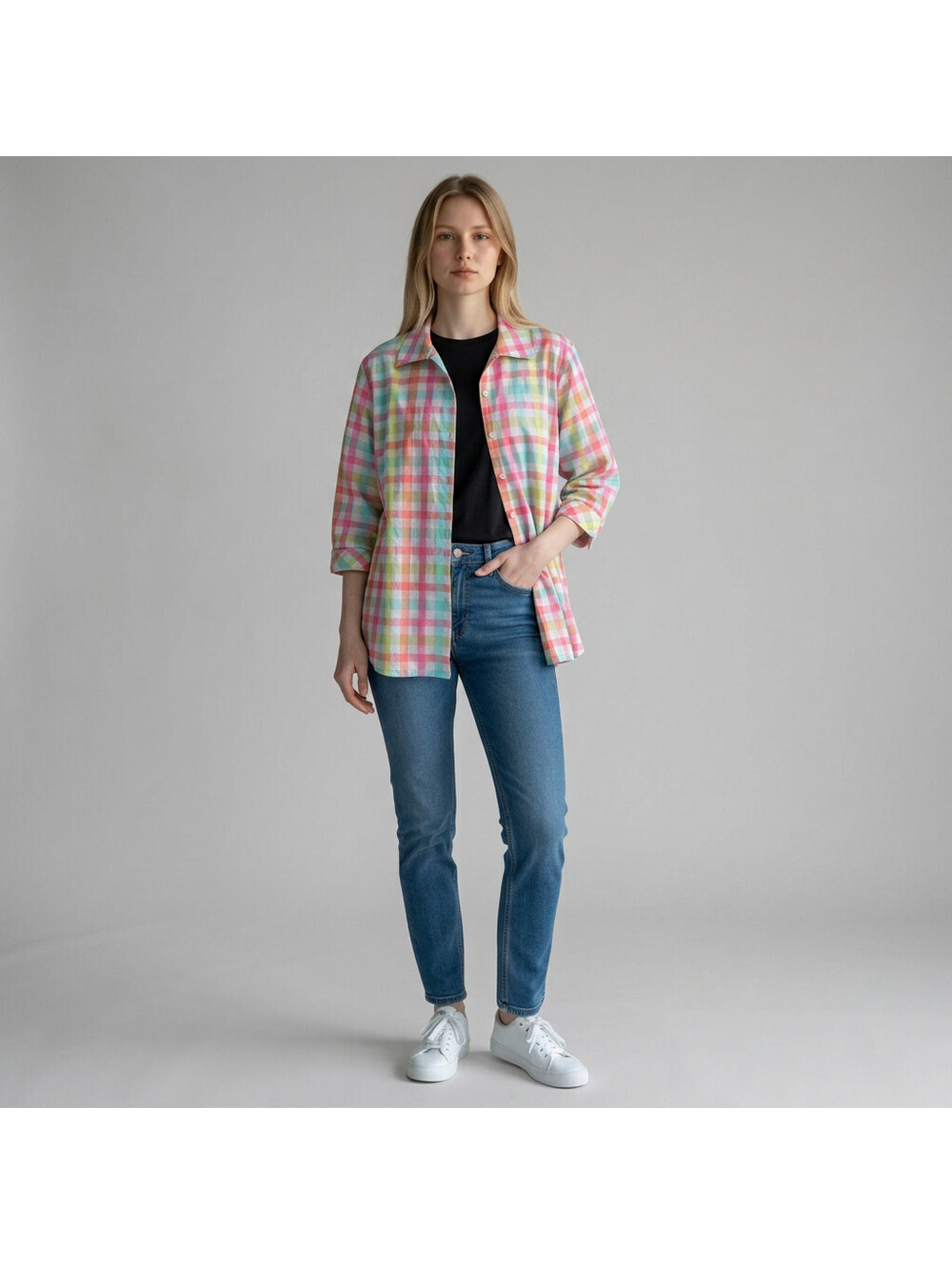 Alia Shirt Women M Medium White Plaid Button Up Collared 3/4 Sleeve Cotton
